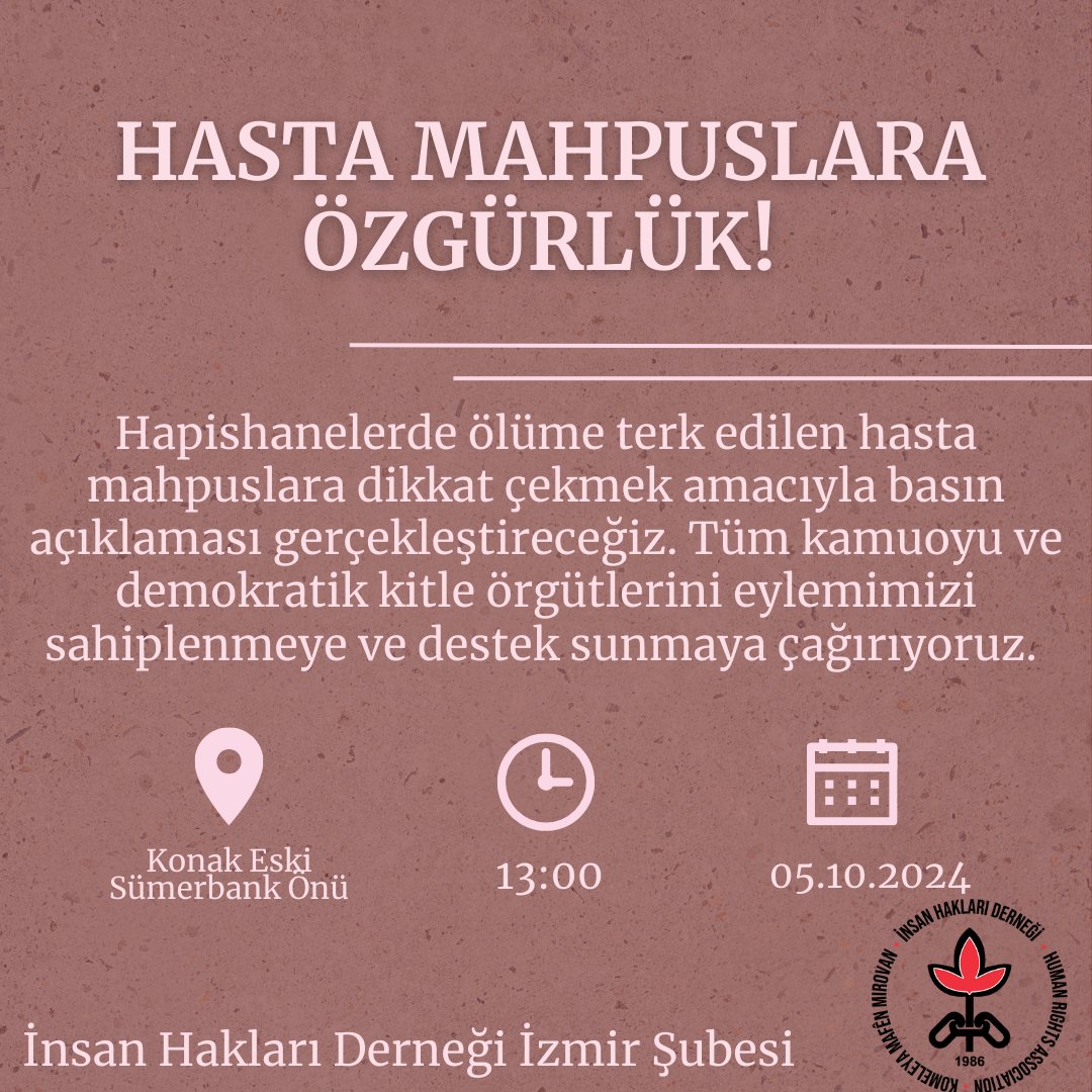 Ankara'da 526. Hafta: Hasta Mahpuslar İçin Adalet ÇağrısıAnkara - 5 Ekim 2024

Sakarya Meydanı'nda İnsan Hakları İçin Toplandılar

Bugün saat 13.30'da, Hasta Mahpuslara Özgürlük İnisiyatifi tarafından Ankara Sakarya Meydanı'nda düzenlenen eylemde, hasta mahpusların serbest bırakılması için 526. hafta açıklaması yapıldı. İnsan hakları savunucuları ve mahpus yakınları, hasta mahpusların yaşadığı zorluklara dikkat çekerek, acil tahliye taleplerini dile getirdi.

Adalet ve İnsanlık İçin Bir Araya Geldiler

Eylemde yapılan konuşmalarda, hasta mahpusların cezaevlerinde maruz kaldığı kötü muamele ve yetersiz sağlık hizmetleri vurgulandı. Konuşmacılar, hasta mahpusların sağlık durumlarının her geçen gün daha da kötüleştiğini belirterek, bir an önce serbest bırakılmaları gerektiğini ifade etti.

Bir Umut Yolculuğu: Mahpus Yakınlarının Hikayeleri

Eyleme katılan mahpus yakınları, sevdiklerinin fotoğraflarını taşıyarak onların unutulmadığını haykırdı. Gözyaşları ve umut dolu bakışlarla, yıllardır süren bu mücadelede bir adım daha atmanın umudunu taşıyorlar. Her hafta tekrarlanan bu buluşmalar, adaletin ve insan haklarının savunulmasında sembolik bir anlam taşıyor.

Destek ve Dayanışma Mesajları

Bugünkü açıklamada, insan hakları savunucuları, sivil toplum kuruluşları ve çeşitli siyasi parti temsilcileri de yer aldı. Yapılan konuşmalarda, hasta mahpusların serbest bırakılması ve cezaevlerindeki insan hakları ihlallerinin son bulması talepleri yinelendi.

Sakarya Meydanı'ndan Yükselen Ses

Hasta Mahpuslara Özgürlük İnisiyatifi'nin 526. hafta açıklaması, hasta mahpusların yaşadığı zorluklara dikkat çekmek ve uluslararası toplumdan daha güçlü bir destek talep etmek amacıyla gerçekleştirildi. Bu sessiz çığlık, adalet arayışının ve insan hakları mücadelesinin evrensel bir sembolü haline gelmiş durumda.